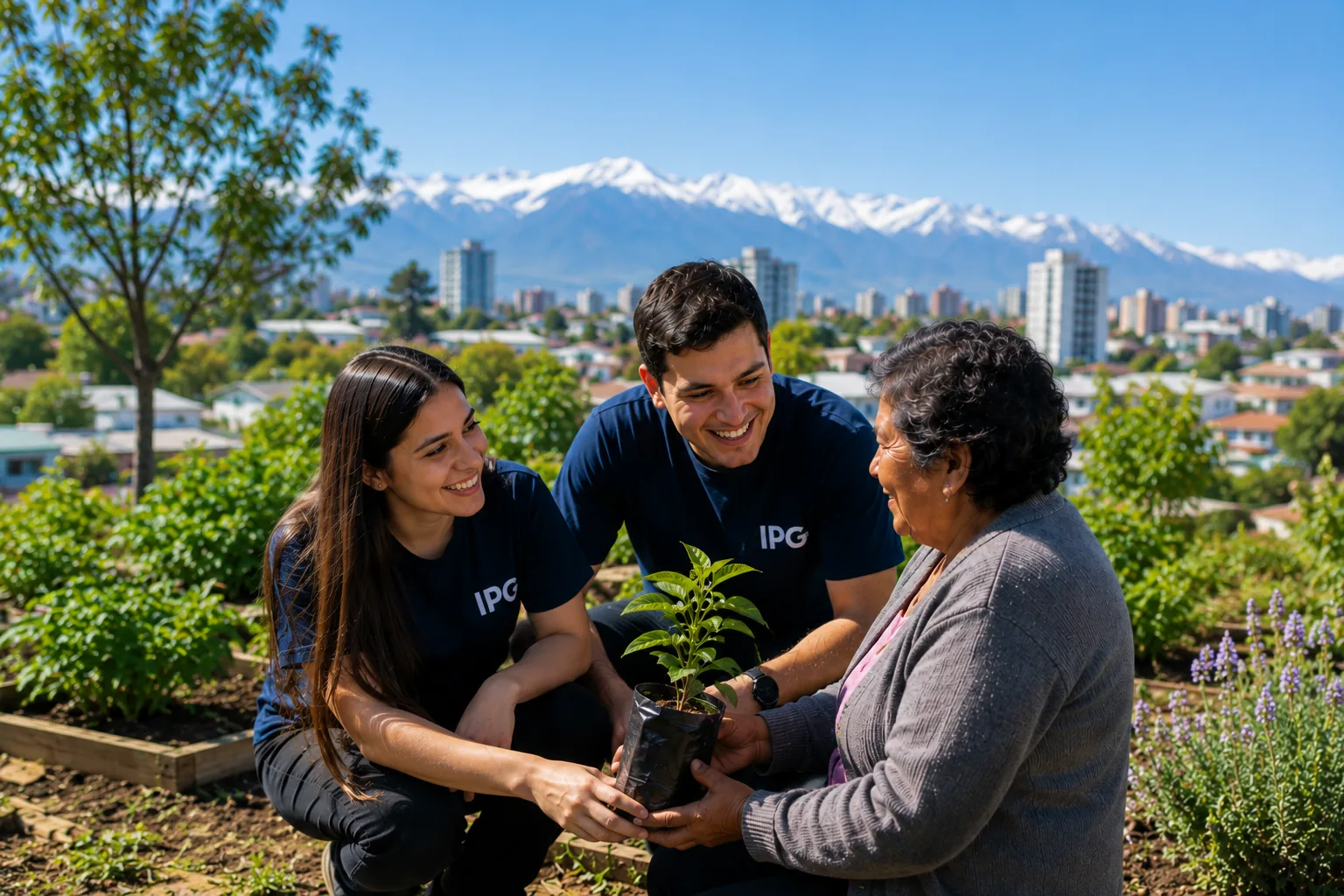 Estudiantes de IPG entregan una planta a una vecina en una huerta comunitaria
