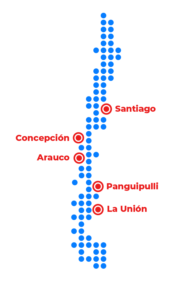 Mapa de Chile con las sedes de IPG en Santiago, Concepción, Arauco, Panguipulli y La Unión