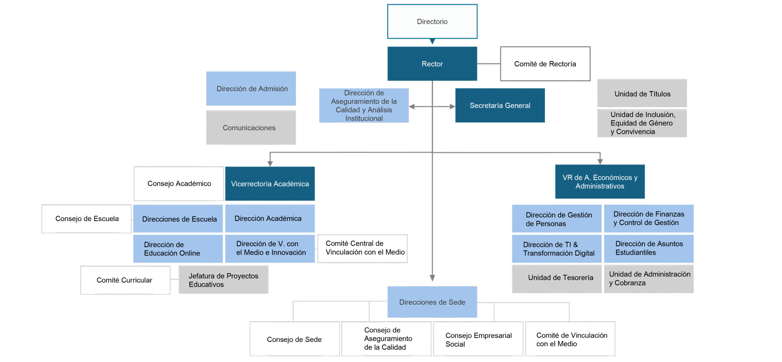 Organigrama institucional de IPG: bajo el Directorio y la Rectoría se ubican la Vicerrectoría Académica, la Vicerrectoría de Asuntos Económicos y Administrativos y las Direcciones de Sede